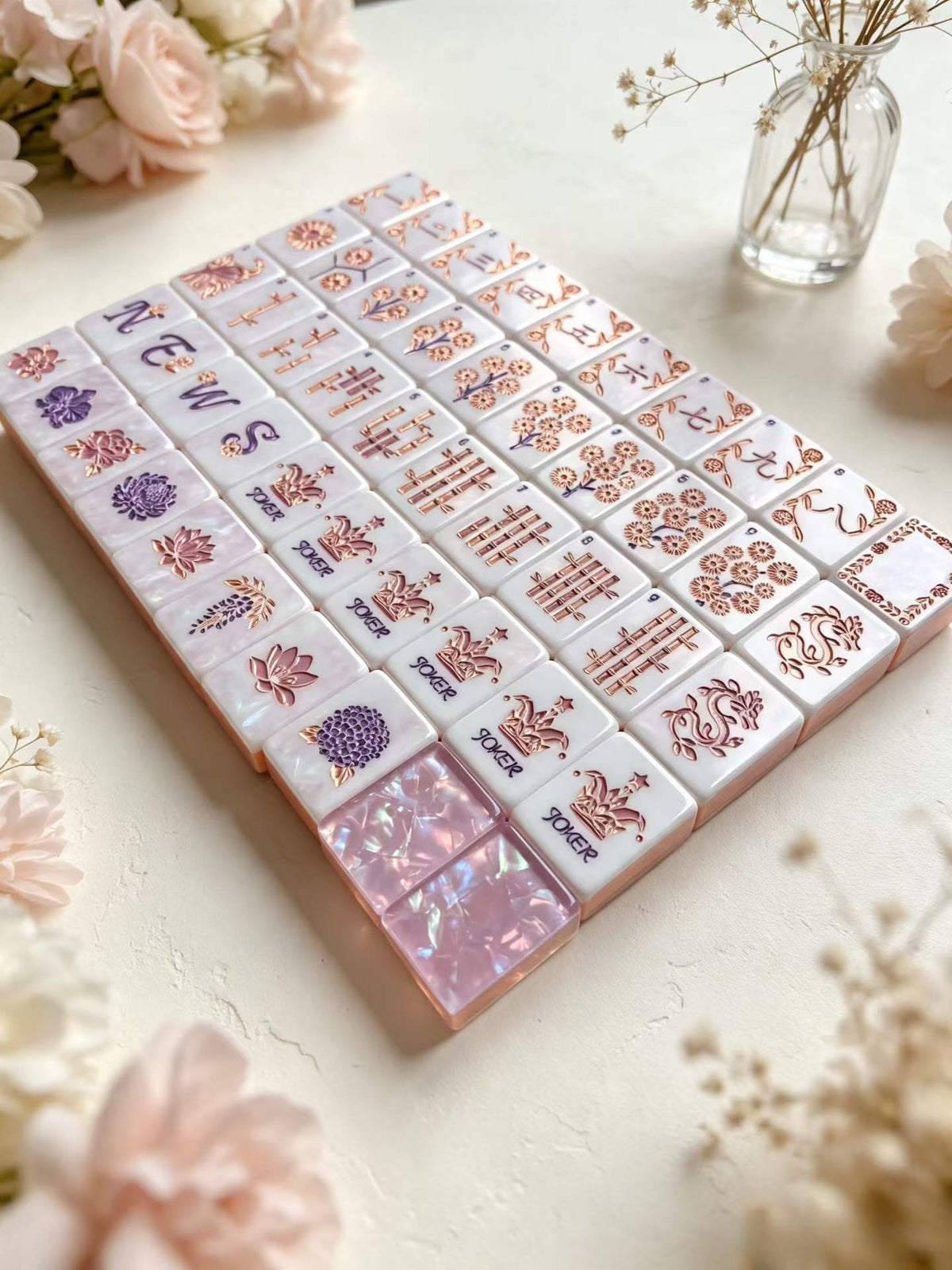 Iceflower Shell Acrylic American Mahjong Tile Set | Iridescent Floral 160 Tiles