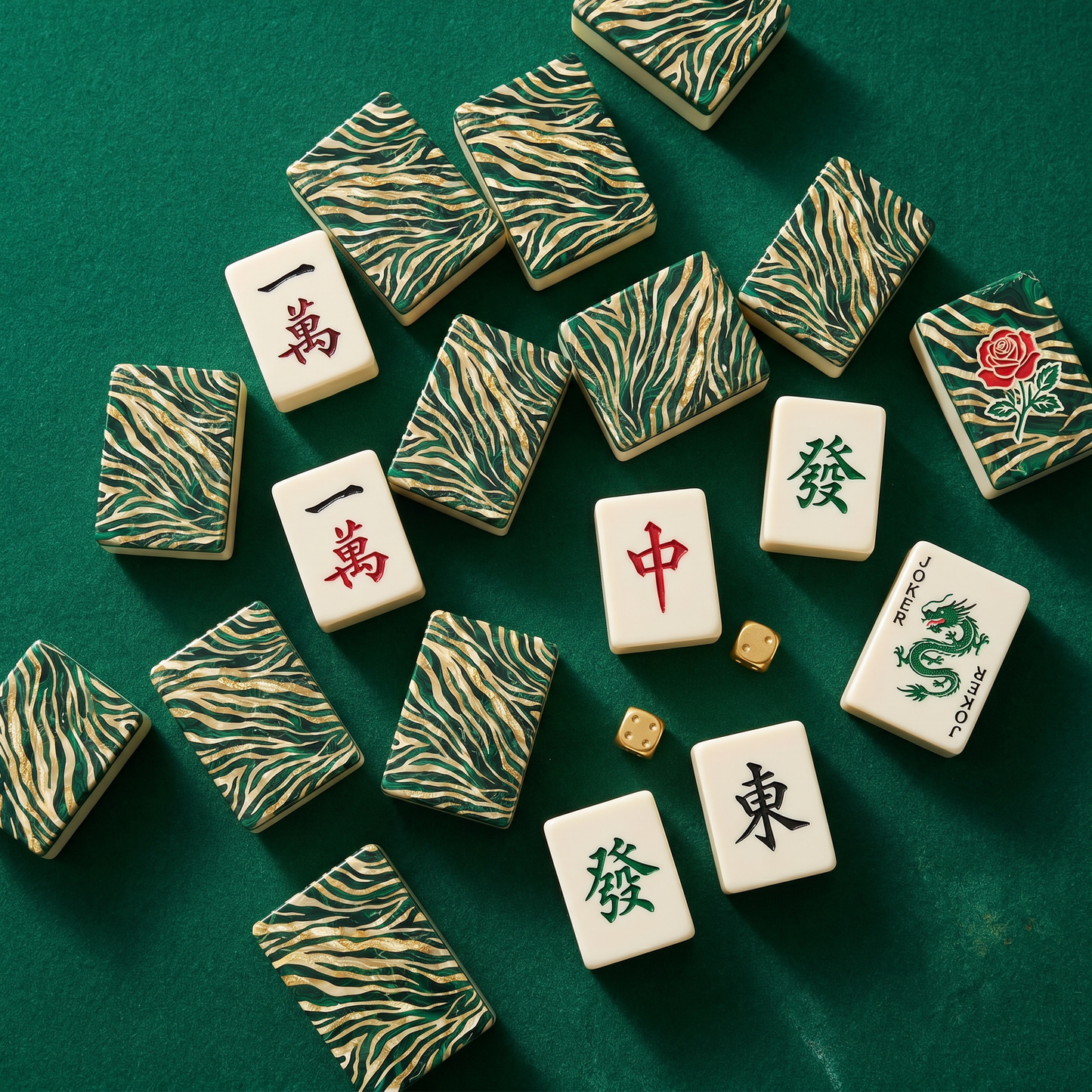 Emerald Tiger Marble Mahjong Tile Set | 166 Piece American Mahjong with Cream Leather Case