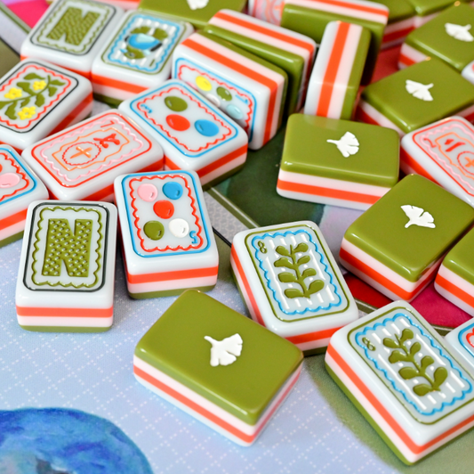 Ginkgo Parrot green and orange striped acrylic American mahjong tiles