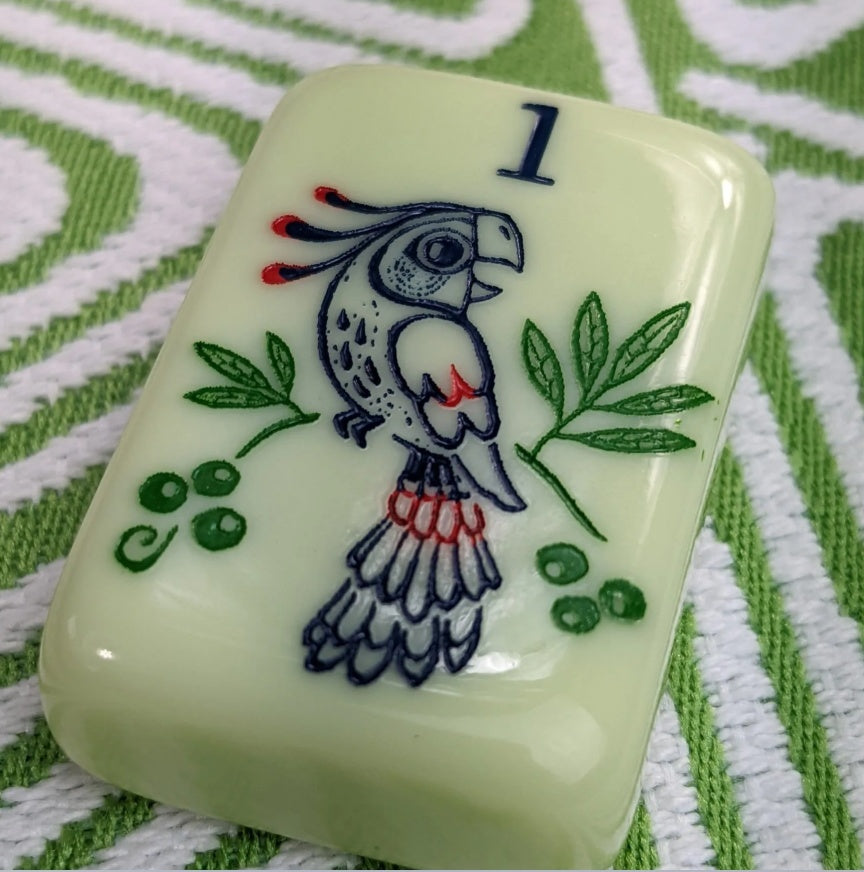 Florence Mint acrylic American mahjong tile with parrot one bam artwork