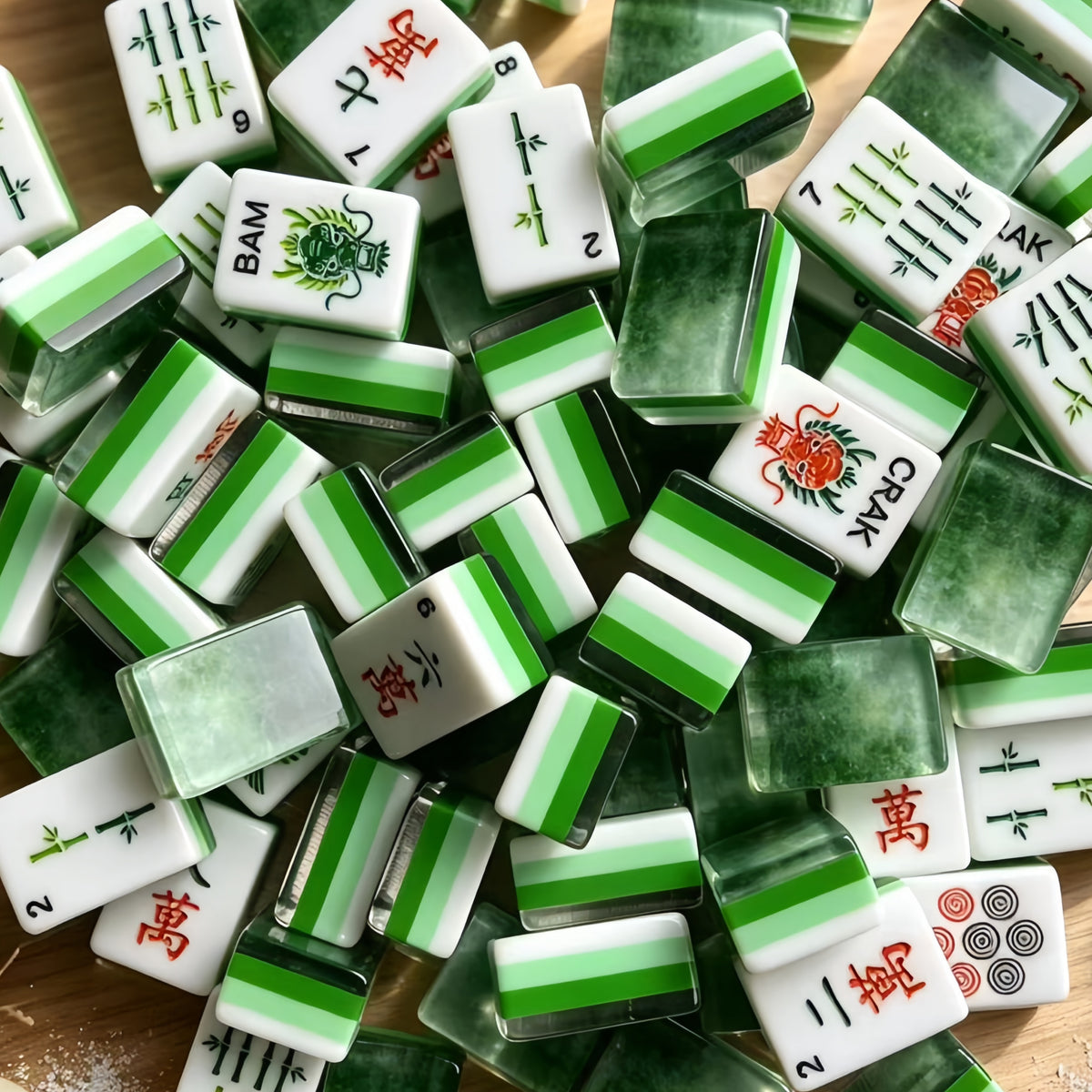 Jade Mist acrylic American mahjong full tile pile showing faces and mist backs — forest green fog layers and dragon BAM CRAK, Mahjong Loft