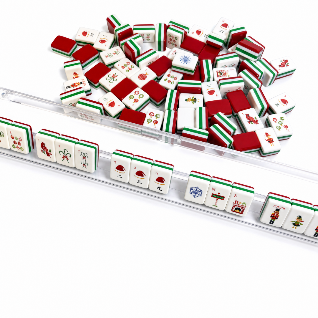 Toy Soldier Parade acrylic American mahjong tiles in rack showing layer stripes — red green white acrylic proof, Mahjong Loft