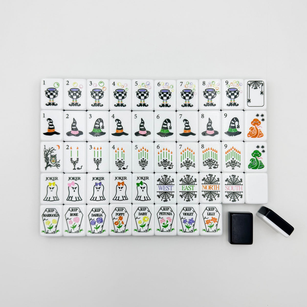 Specter Bow Halloween acrylic American mahjong full tile grid on white — ghost jokers and black backs, Mahjong Loft