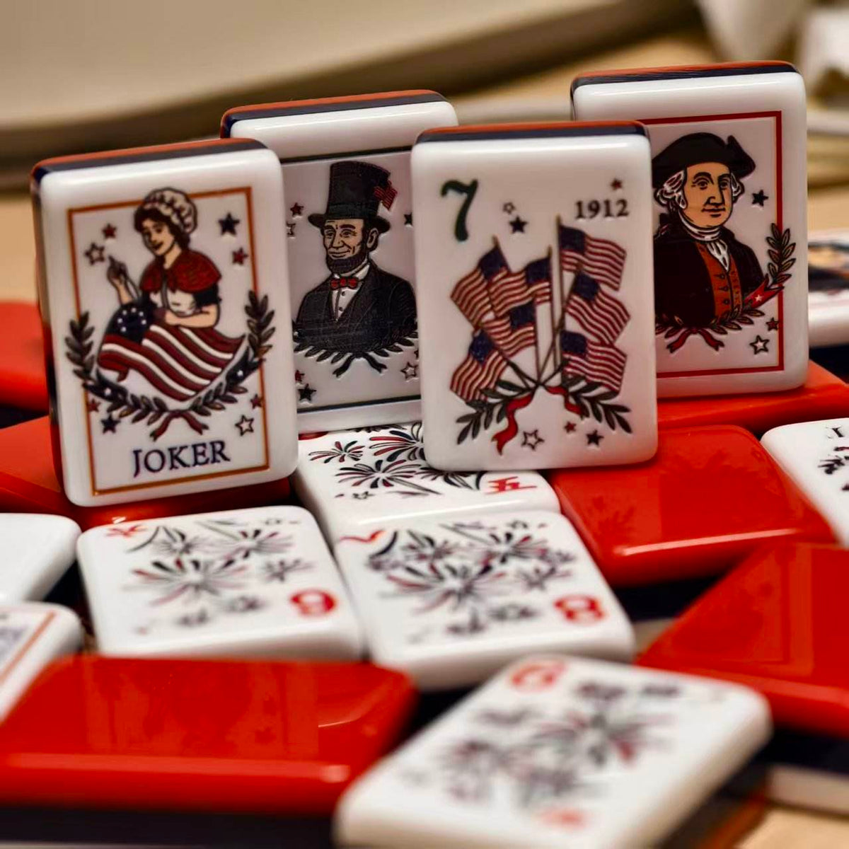 Americana Heritage acrylic American mahjong tile set in open portable case — red white blue packshot, Mahjong Loft
