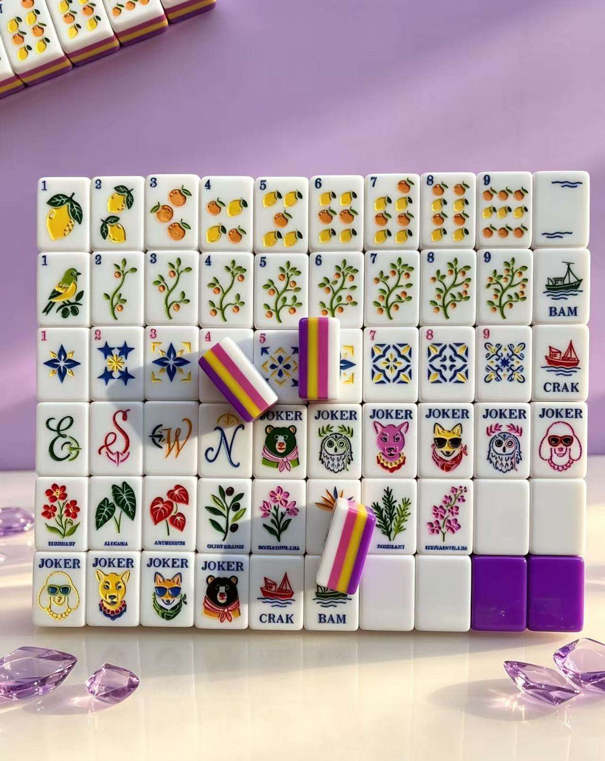 Violet Lemon acrylic American mahjong full tile grid on lavender — lemon suits animal jokers and purple backs, Mahjong Loft