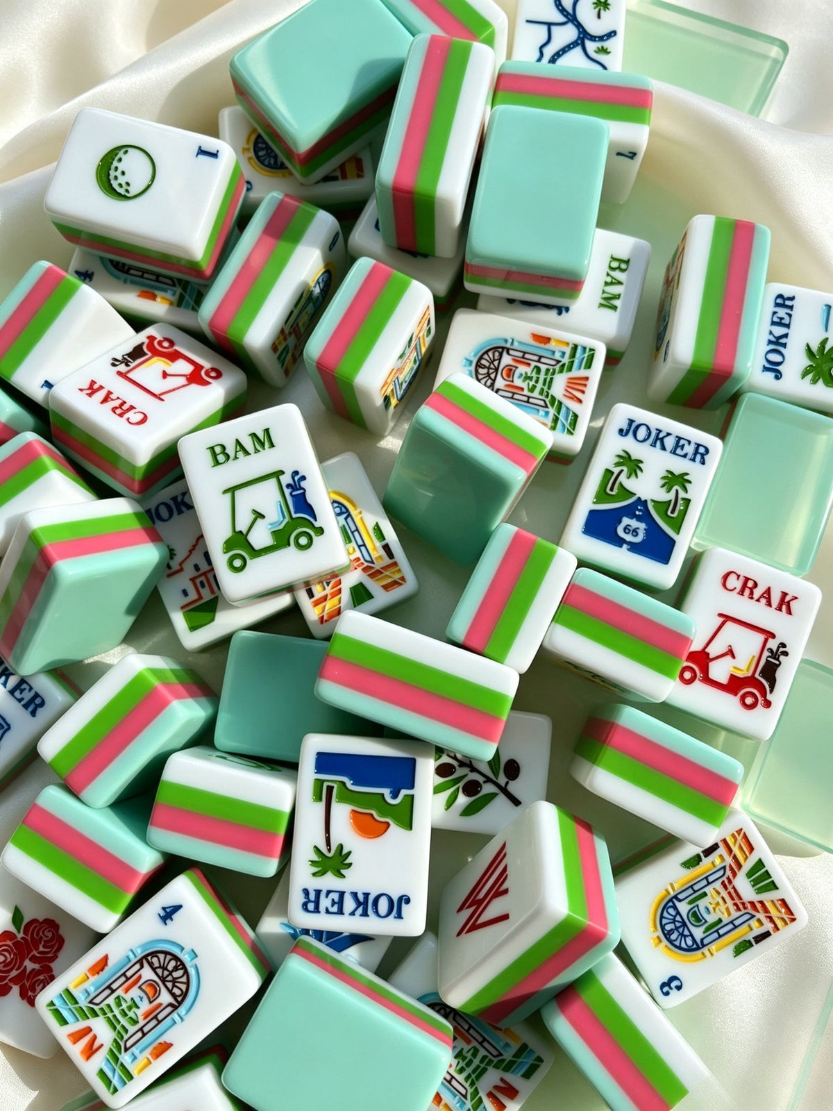 Fairway Manor acrylic American mahjong close-up face pile with jokers — golf cart BAM CRAK and travel scenes, Mahjong Loft