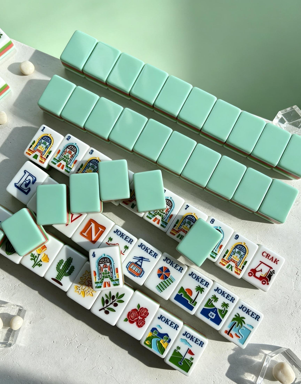 Fairway Manor acrylic American mahjong mint backs in rows with faces — layered acrylic edge proof, Mahjong Loft