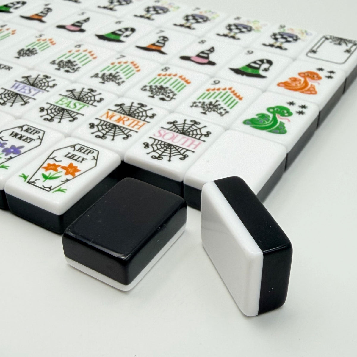 Specter Bow Halloween acrylic American mahjong angled grid with black backs — white black two-layer acrylic proof, Mahjong Loft