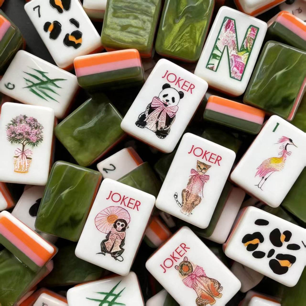 Safari Ribbon acrylic American mahjong tiles close-up face detail — leopard print suit faces, Mahjong Loft