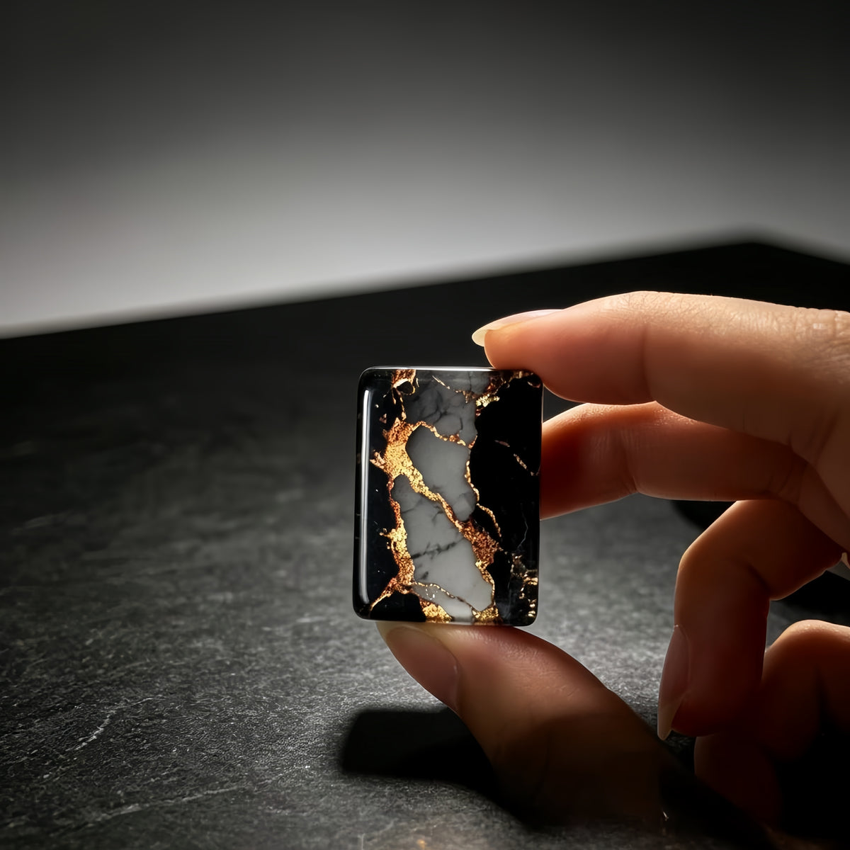 Gilded Obsidian acrylic American mahjong hand-held marble back studio shot — obsidian gold vein acrylic proof, Mahjong Loft