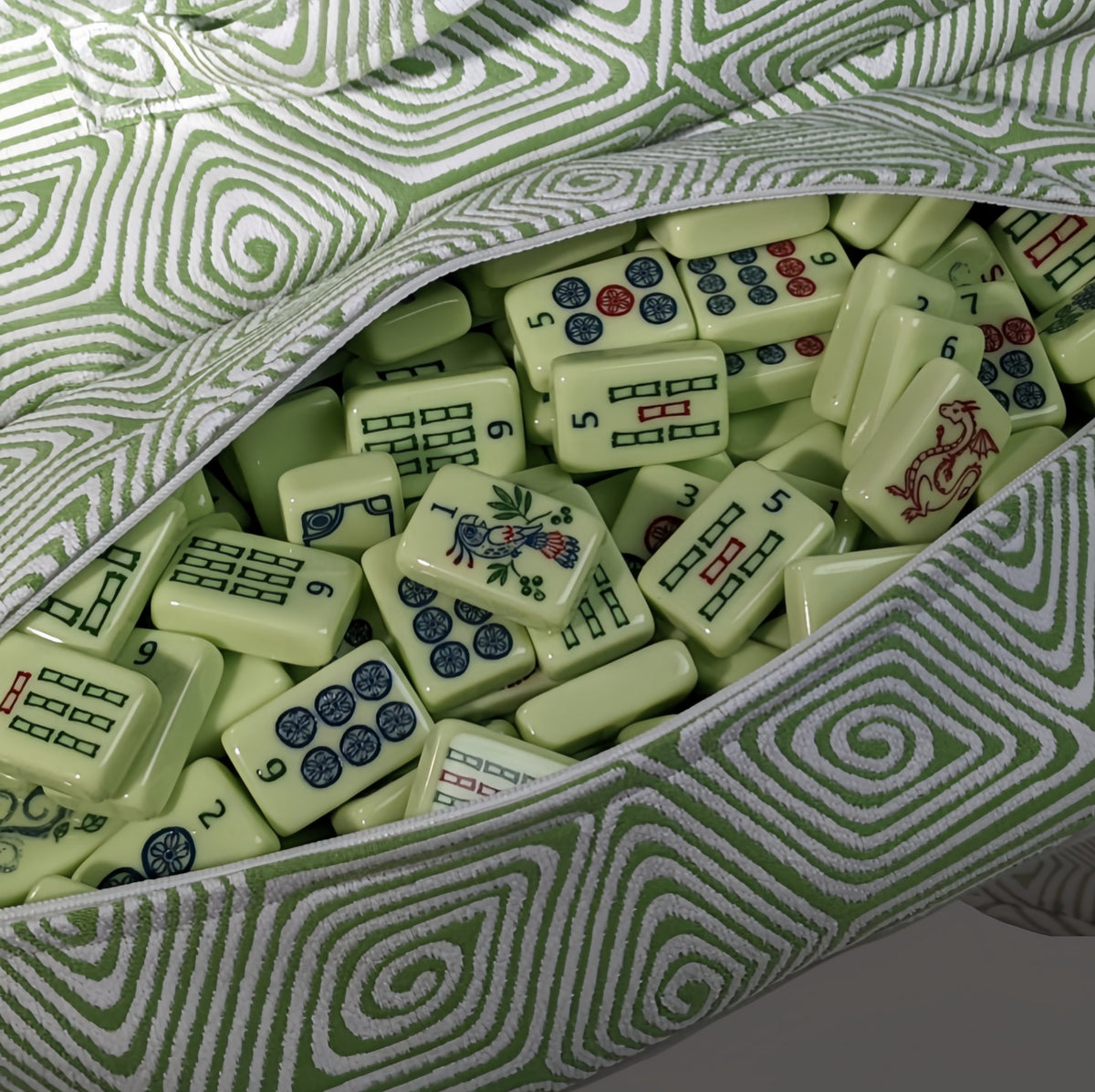 Florence Mint mint green acrylic mahjong tiles in a green swirl bag (bag not included)