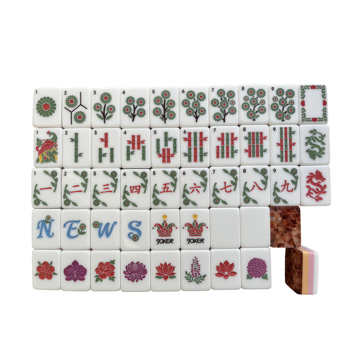 Amber Vine acrylic American mahjong full tile grid on white — floral vine suits peacock 1-bam copper flake back and pink yellow layers, Mahjong Loft