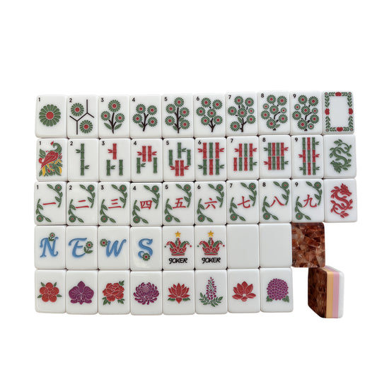 Amber Vine acrylic American mahjong full tile grid on white — floral vine suits peacock 1-bam copper flake back and pink yellow layers, Mahjong Loft