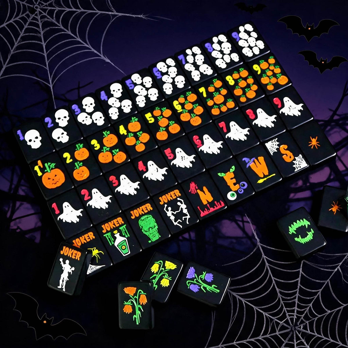 Jack-O Midnight acrylic American mahjong studio grid with spooky backdrop — Frankenstein potion and wind motifs, Mahjong Loft