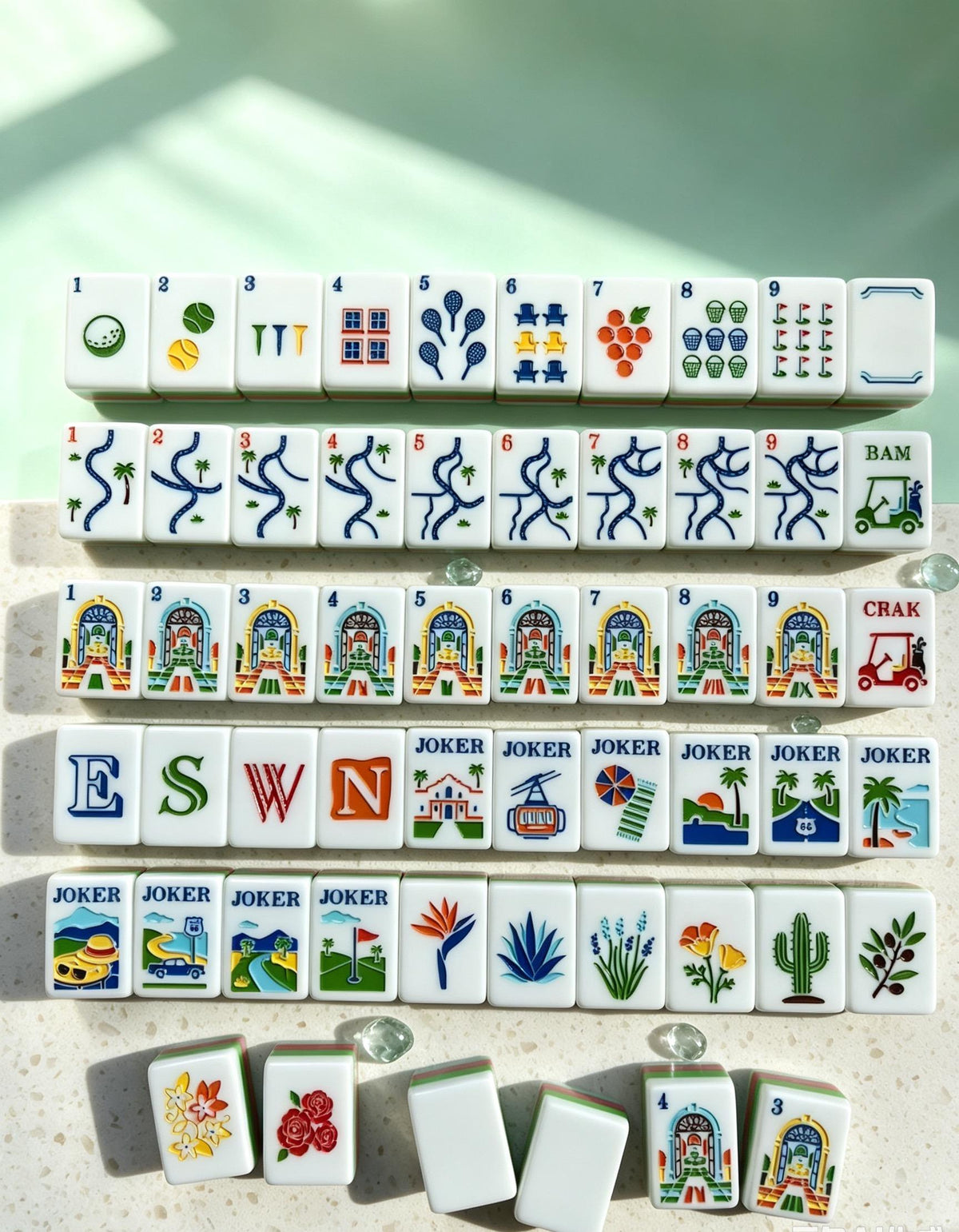 Fairway Manor acrylic American mahjong sunlit alternate detail angle — estate arches and botanical flowers, Mahjong Loft
