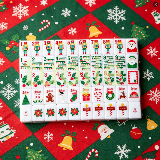 Christmas Holiday American mahjong tile set showing full layout of white tiles with nutcracker dots, string-light bams, holly and poinsettia cracks, Santa winds, wreath dragons, gingerbread, snowman and reindeer flowers and festive jokers on a red and green holiday backdrop