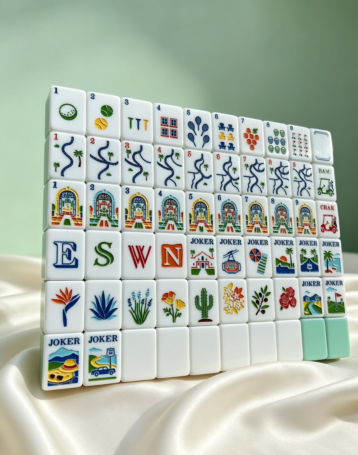 Fairway Manor acrylic American mahjong full sample tile grid on white satin — mint backs golf tennis and estate icons, Mahjong Loft