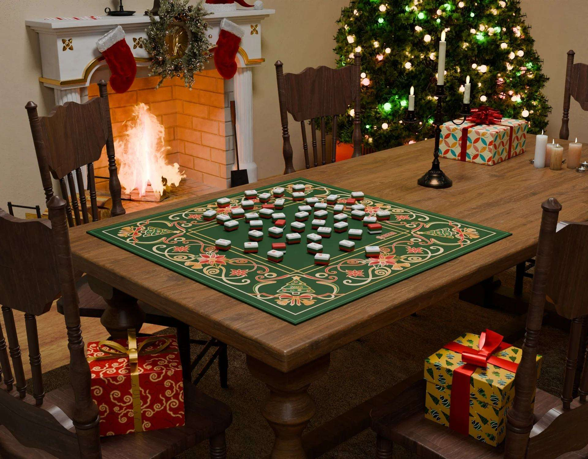 Toy Soldier Parade acrylic American mahjong tiles on mat in Christmas living room — holiday lifestyle table setting, Mahjong Loft