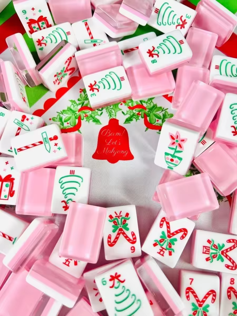 Pink Reindeer acrylic American mahjong pink backs and faces on gift bag — translucent acrylic layer proof, Mahjong Loft