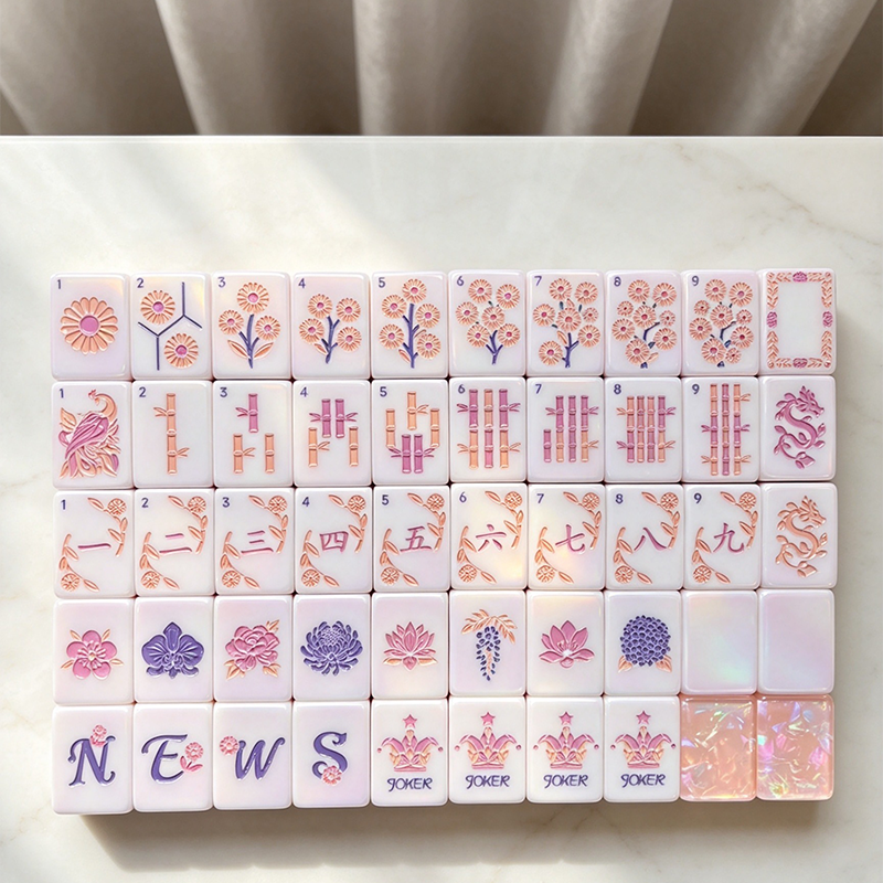 Iceflower Shell acrylic American mahjong full sample grid on marble — floral suits crown jokers and shell backs, Mahjong Loft