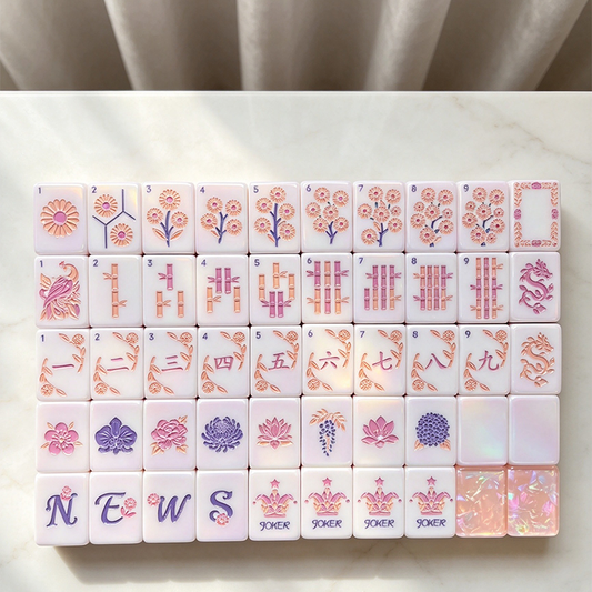 Iceflower Shell acrylic American mahjong full sample grid on marble — floral suits crown jokers and shell backs, Mahjong Loft