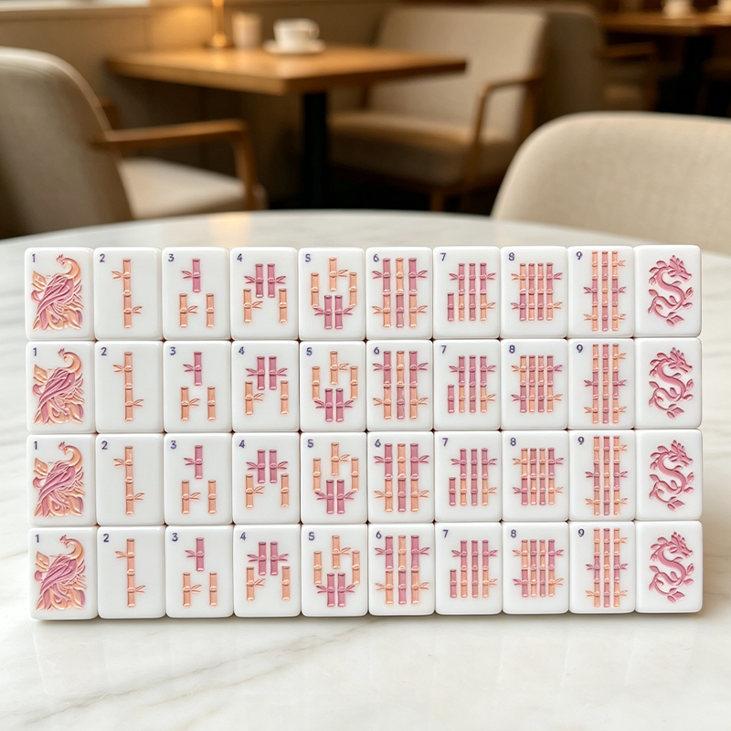 Iceflower Shell acrylic American mahjong bamboo peacock grid lifestyle — rose gold cafe table setting, Mahjong Loft