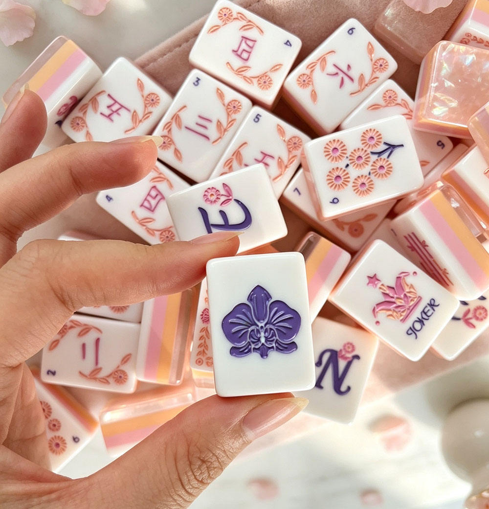 Iceflower Shell acrylic American mahjong hand-held orchid with layered edges — pink peach shell layer proof, Mahjong Loft