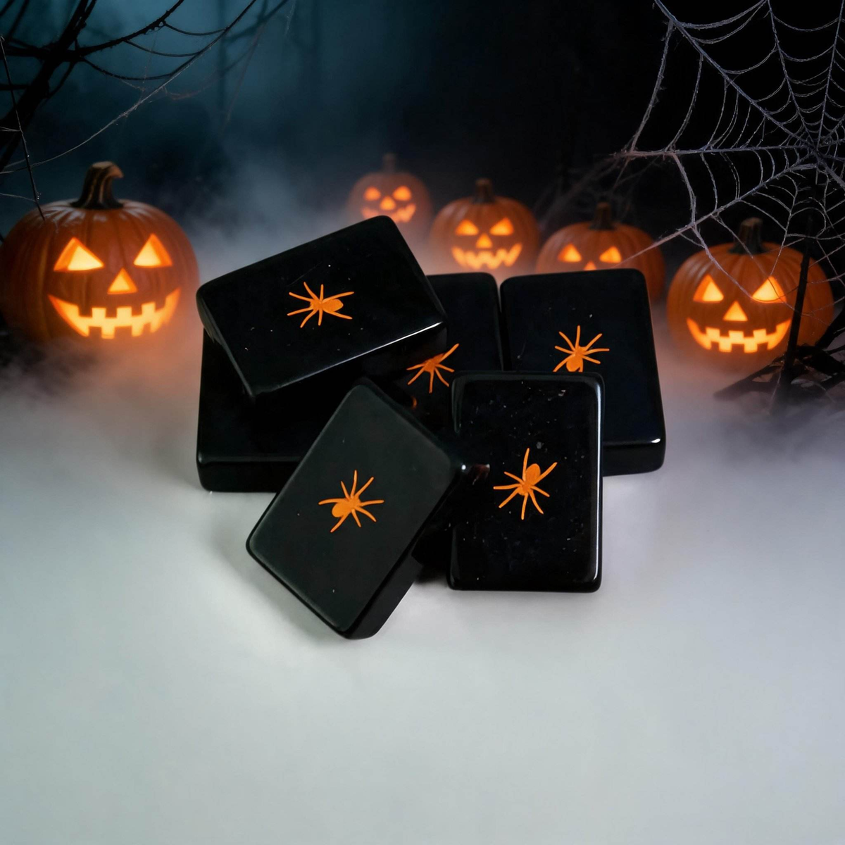 Jack-O Midnight acrylic American mahjong orange spider tile backs — misty pumpkin atmosphere back proof, Mahjong Loft