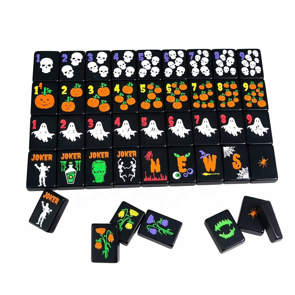 Jack-O Midnight acrylic American mahjong full tile grid on white — pumpkin skull ghost suits and jokers, Mahjong Loft