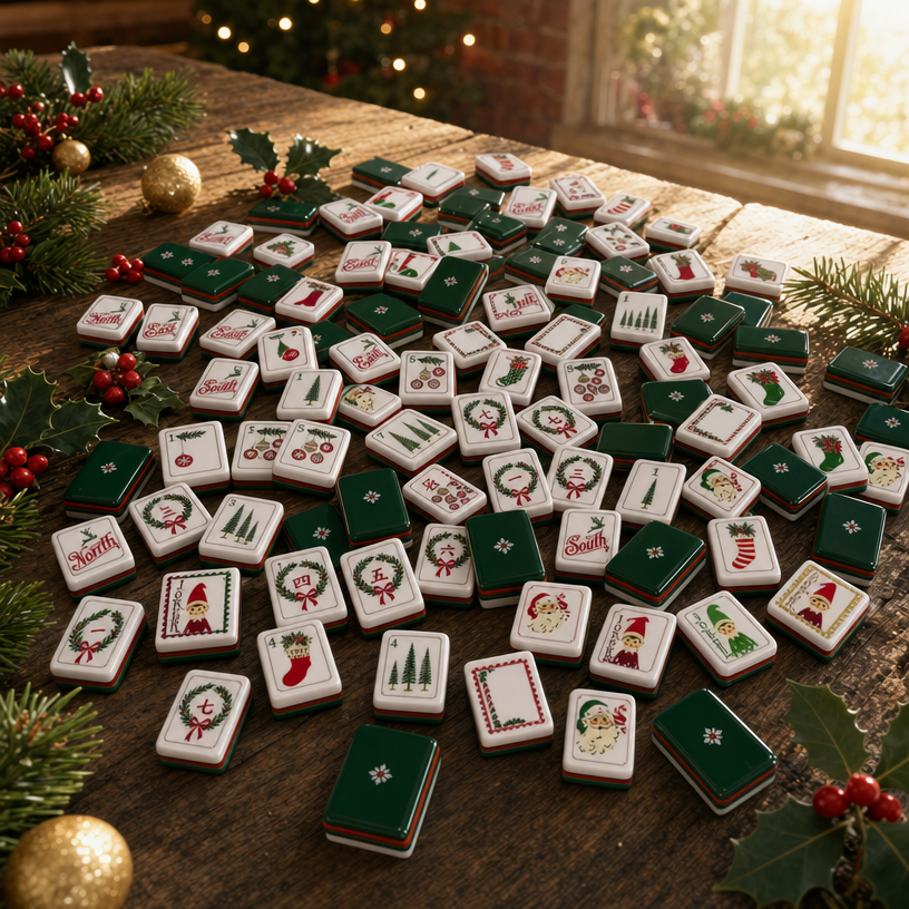 Snowflake Hearth acrylic American mahjong tiles with holly berries and baubles — ornament and wreath motif story, Mahjong Loft