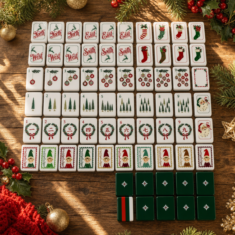 Snowflake Hearth acrylic American mahjong full tile grid on wood with holiday decor — green snowflake backs and elf jokers, Mahjong Loft