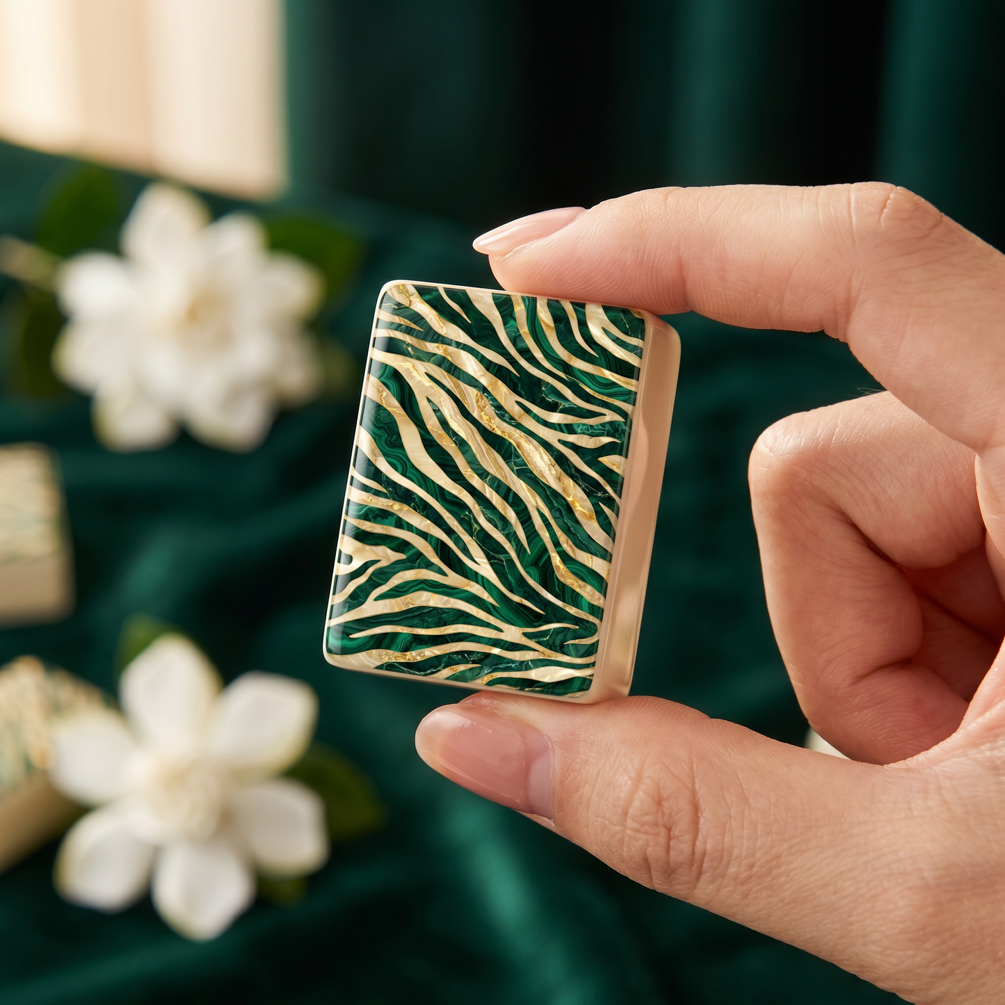 Emerald Tiger Marble Mahjong Tile Set | 166 Piece American Mahjong with Cream Leather Case
