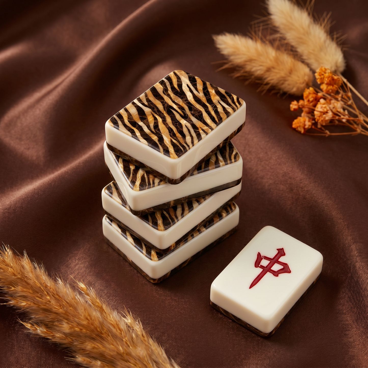 Tiger's Eye Marble Mahjong Tile Set | 166 Piece American Mahjong with Cream Leather Case