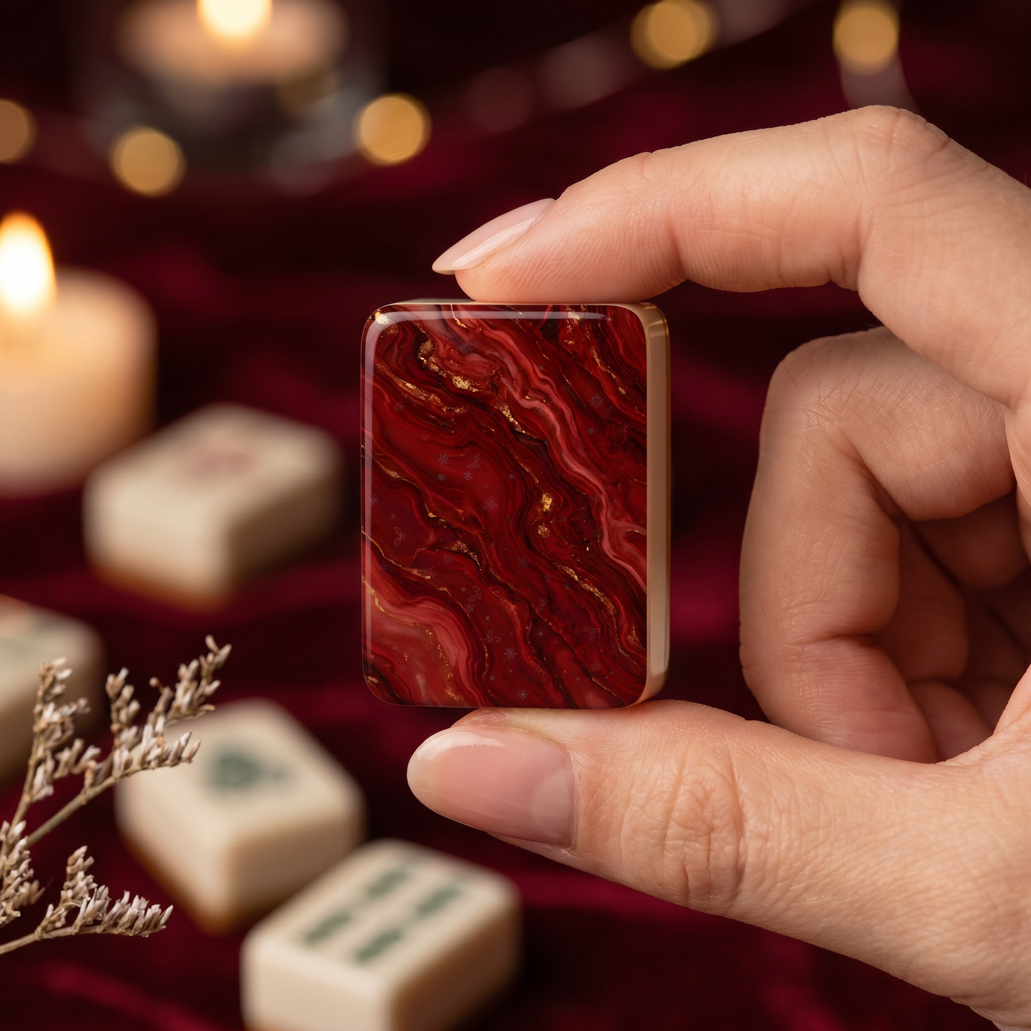 Crimson Gold Marble Mahjong Tile Set
