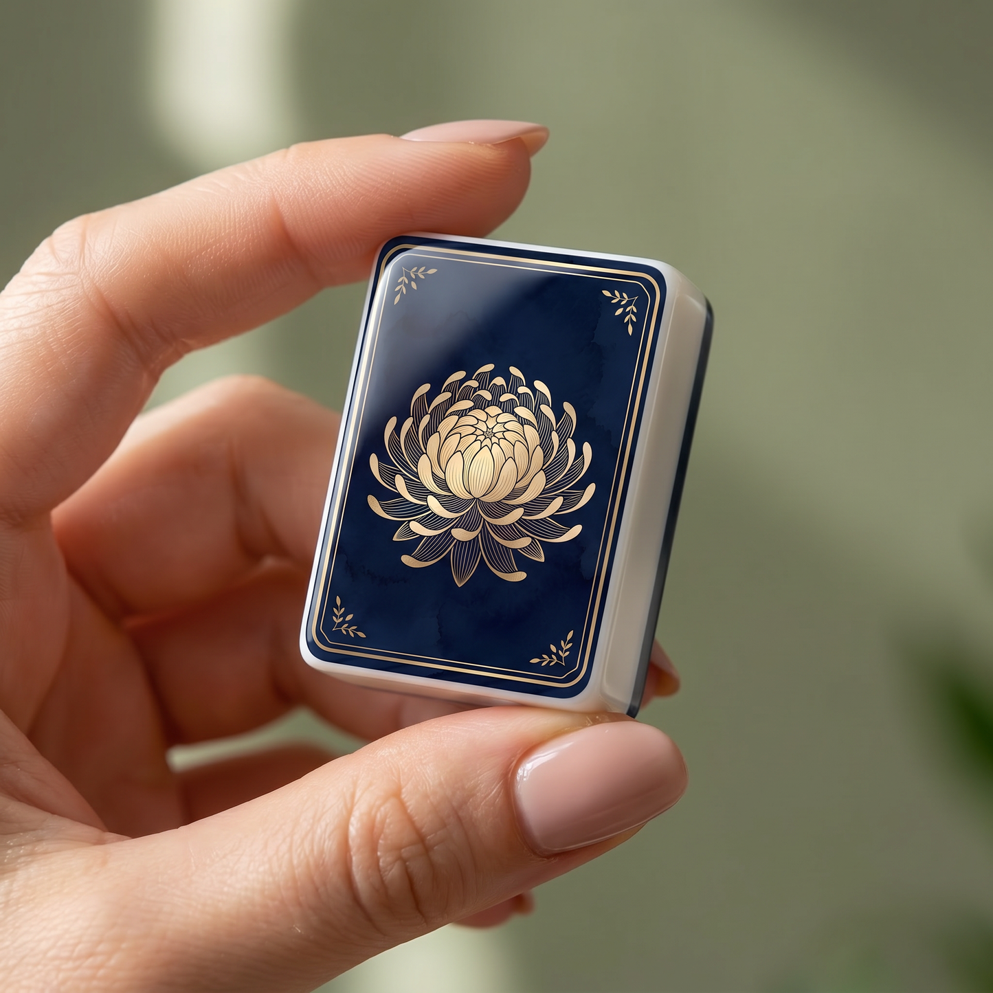 Gold Chrysanthemum American Mahjong Tile Set – 166 Tiles, Navy & Gold, with Display Case
