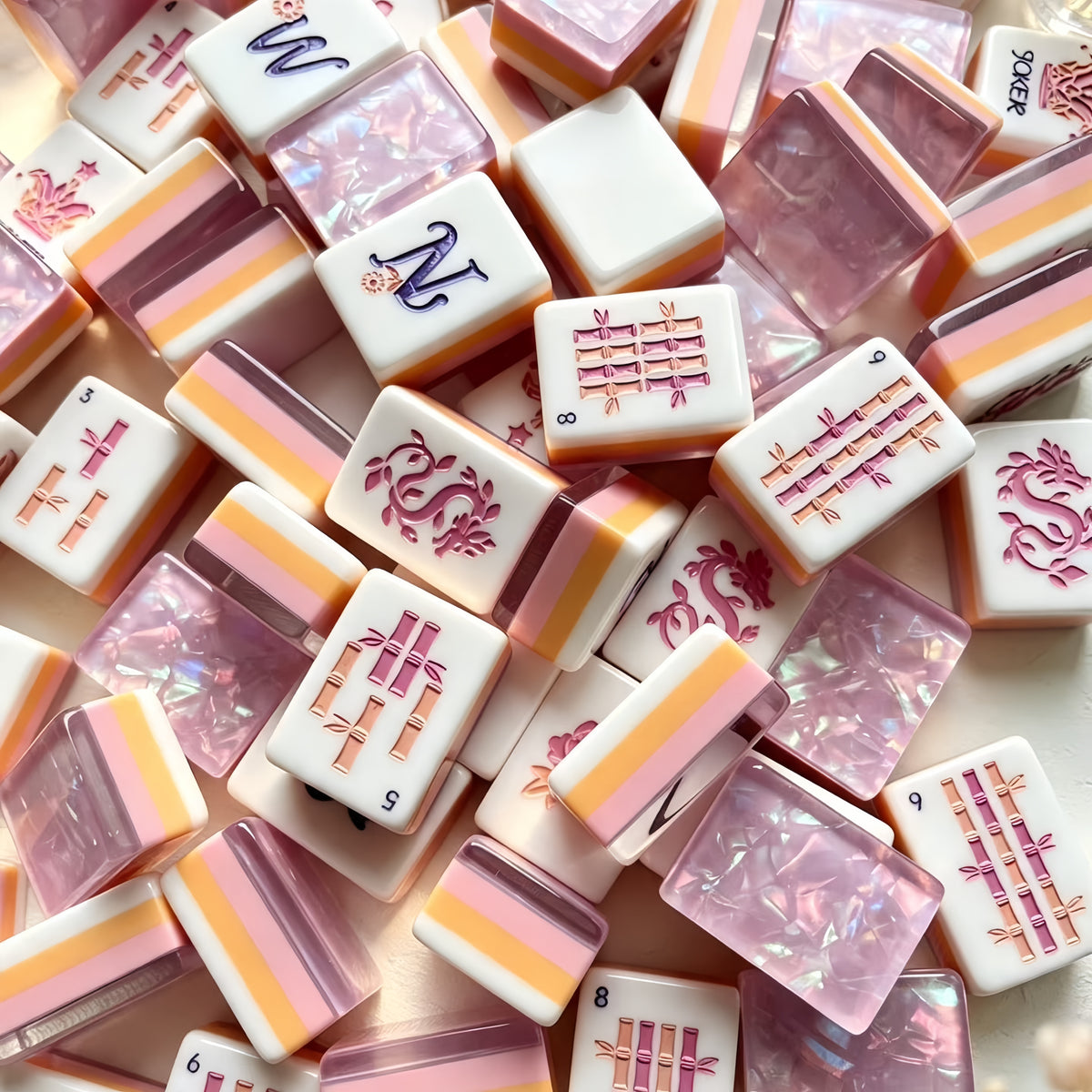 Iceflower Shell acrylic American mahjong high-res pile of faces and backs — iridescent ice flower shimmer, Mahjong Loft