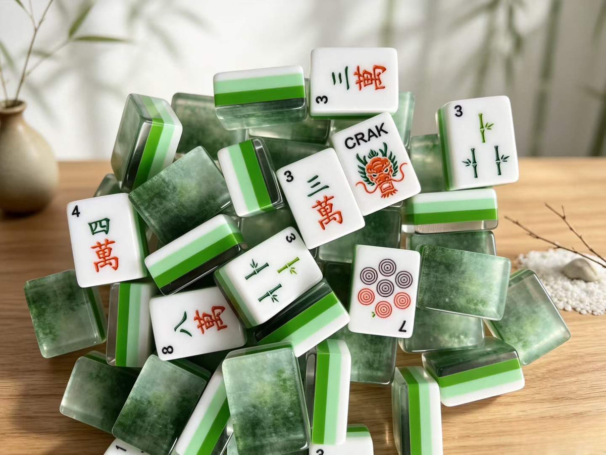 Jade Mist acrylic American mahjong lifestyle faces on wood with CRAK detail — lime green stripe and mist acrylic, Mahjong Loft