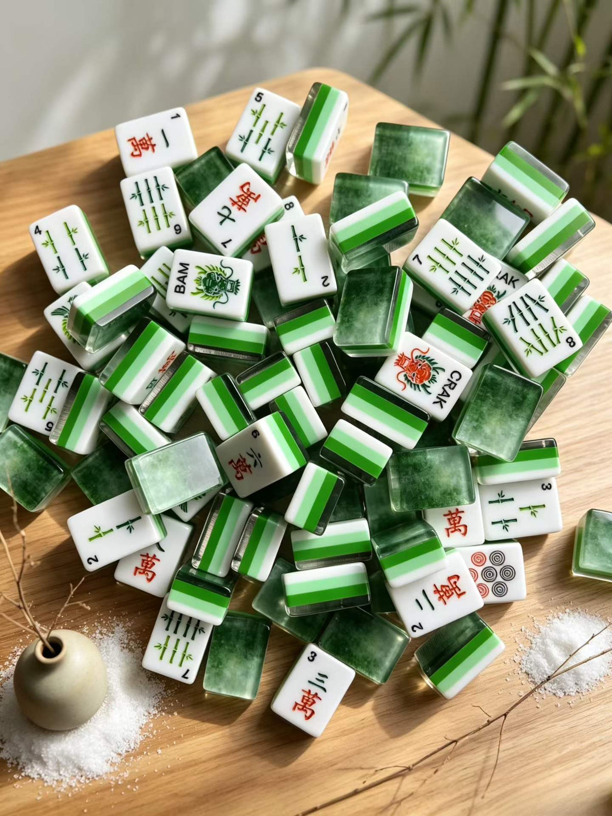 Jade Mist acrylic American mahjong close-up BAM CRAK and bamboo faces — translucent green layer proof, Mahjong Loft