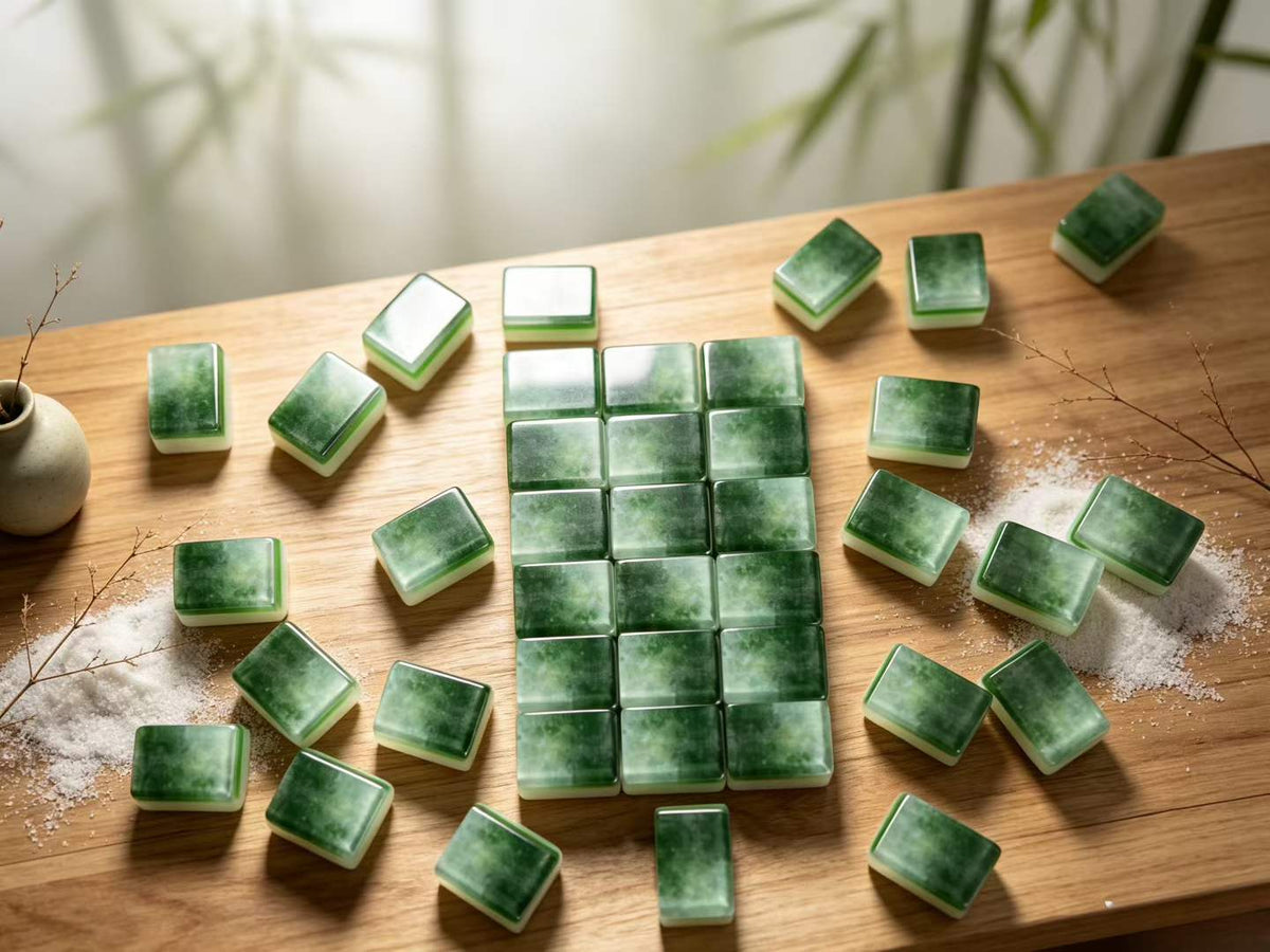 Jade Mist acrylic American mahjong mist back grid lifestyle arrangement — cloudy forest fog acrylic backs, Mahjong Loft