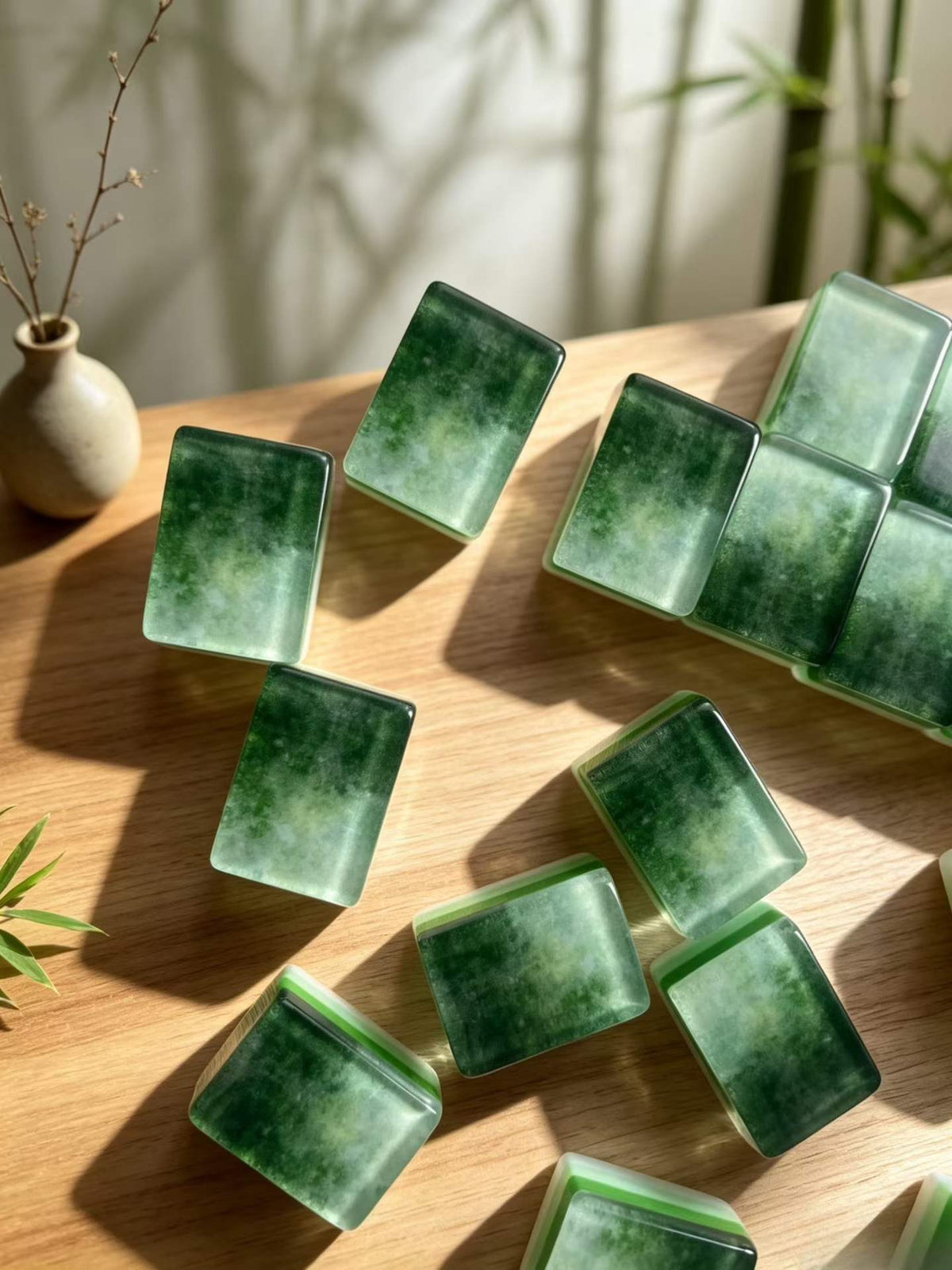 Jade Mist acrylic American mahjong sunlit translucent back detail — jade mist depth and gloss, Mahjong Loft