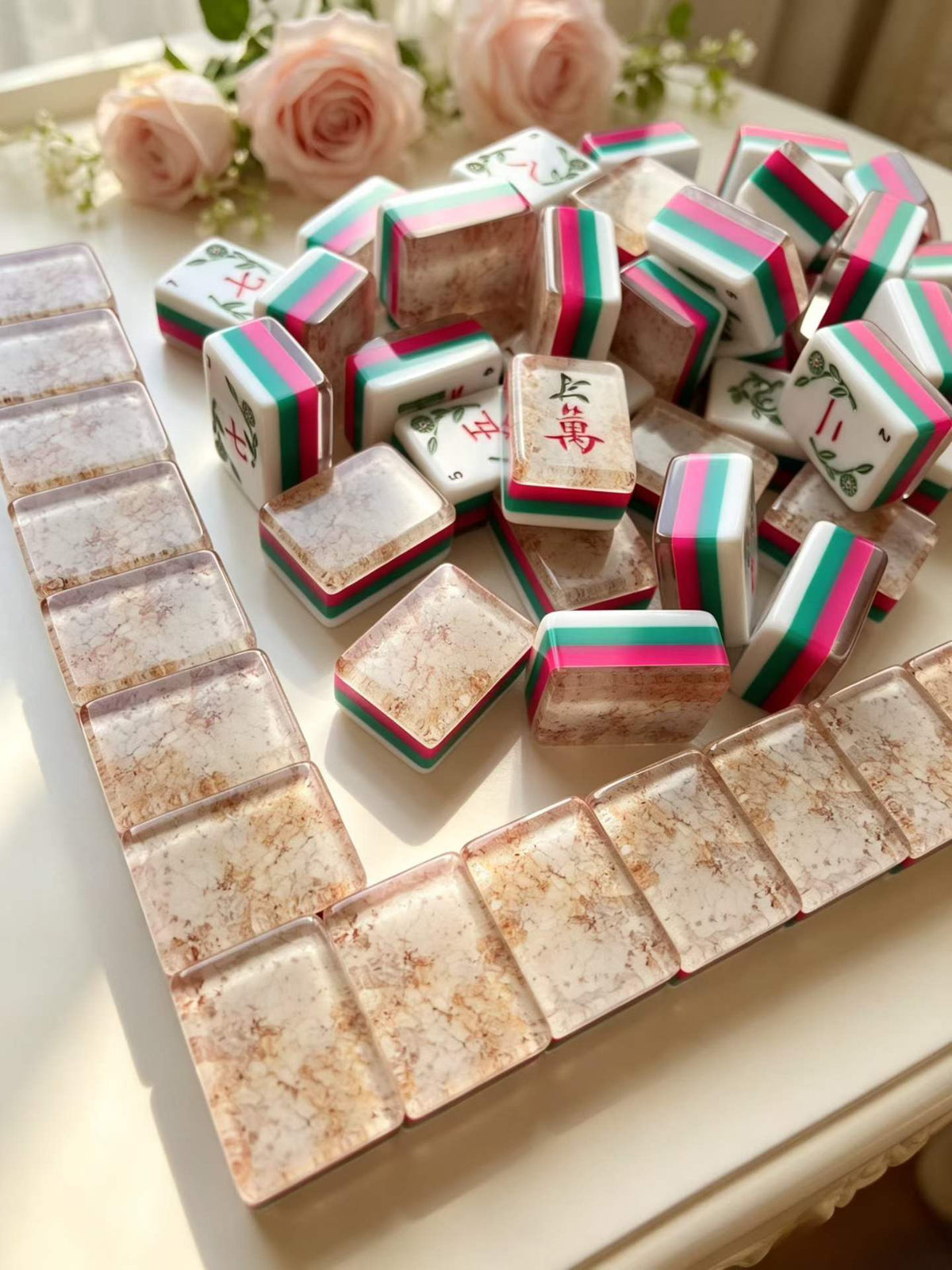 Champagne Shell acrylic American mahjong lifestyle L-shaped shell back display — champagne iceflower shimmer with roses, Mahjong Loft