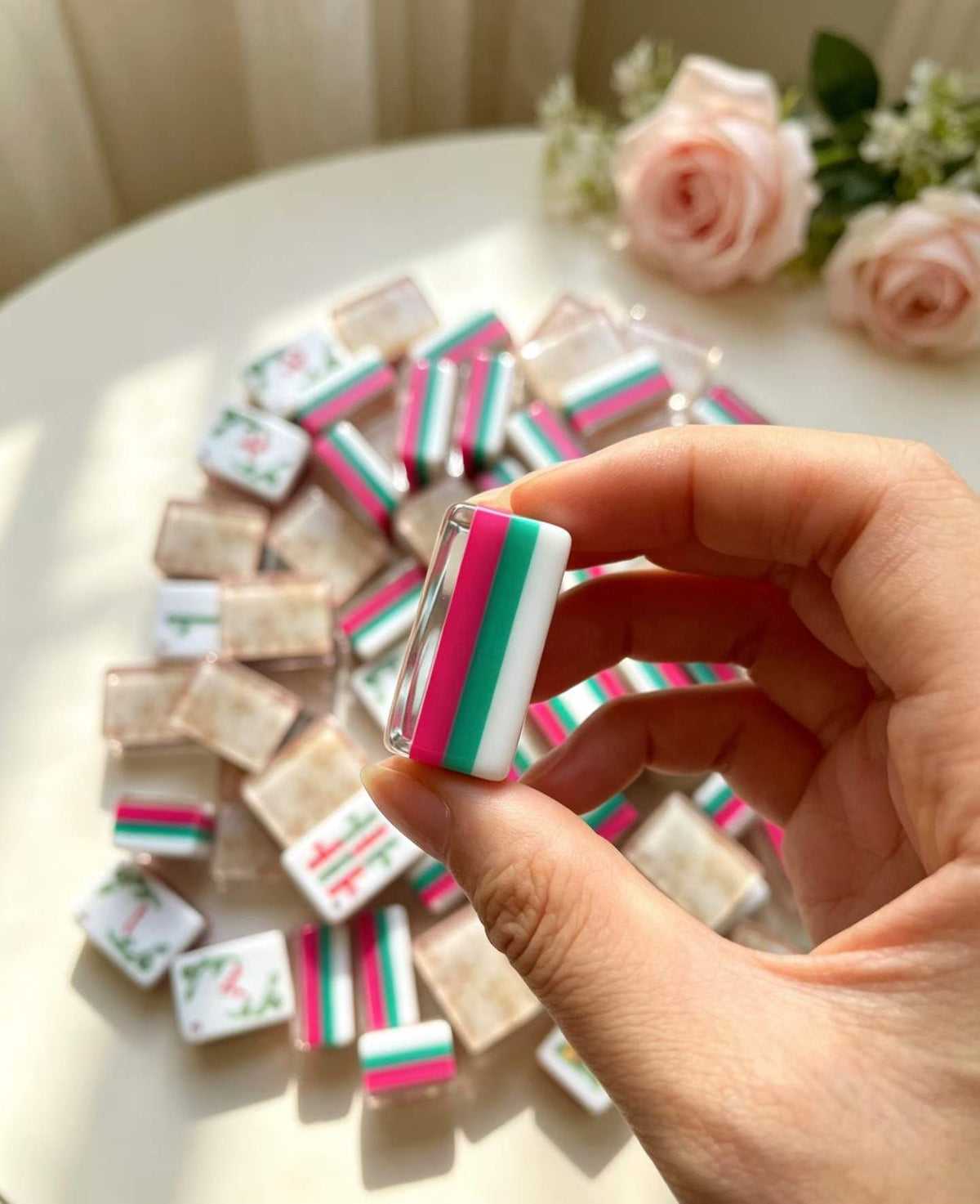 Champagne Shell acrylic American mahjong hand-held side profile — magenta and teal acrylic layer proof, Mahjong Loft