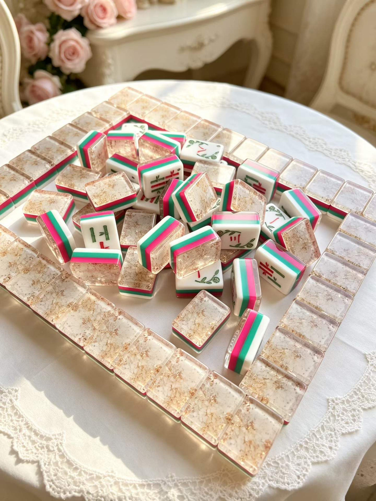 Champagne Shell acrylic American mahjong square wall of shell backs — gold flake alternate lifestyle angle, Mahjong Loft