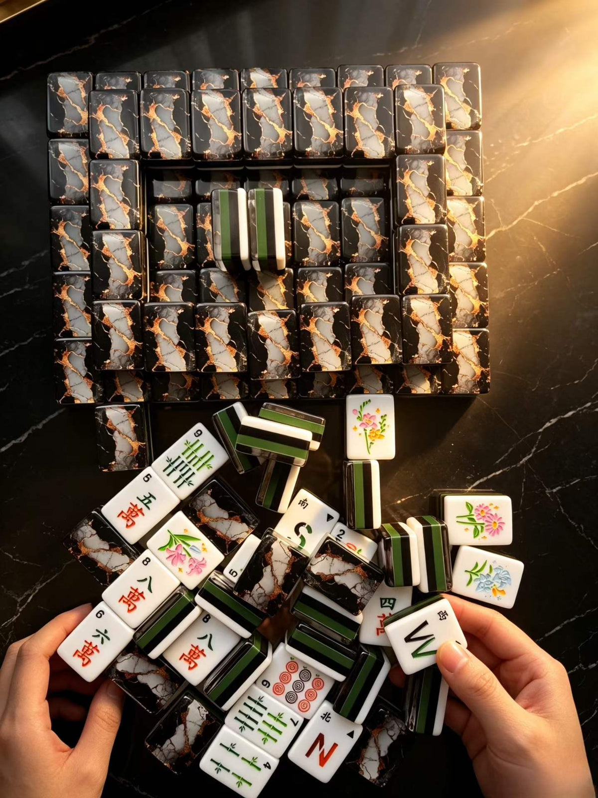 Gilded Obsidian acrylic American mahjong sunlit backs grid with face pile — forest green layer alternate lifestyle, Mahjong Loft
