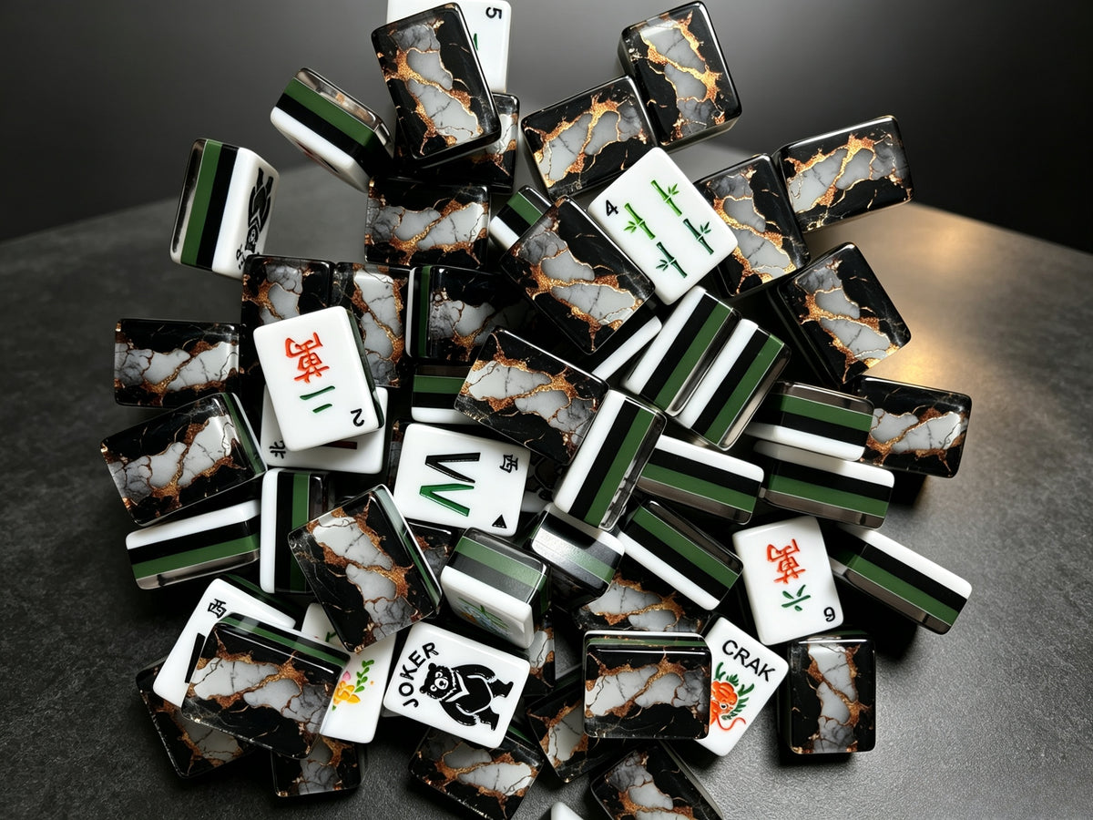 Gilded Obsidian acrylic American mahjong close-up panda joker and suit faces — black gold marble reflection detail, Mahjong Loft