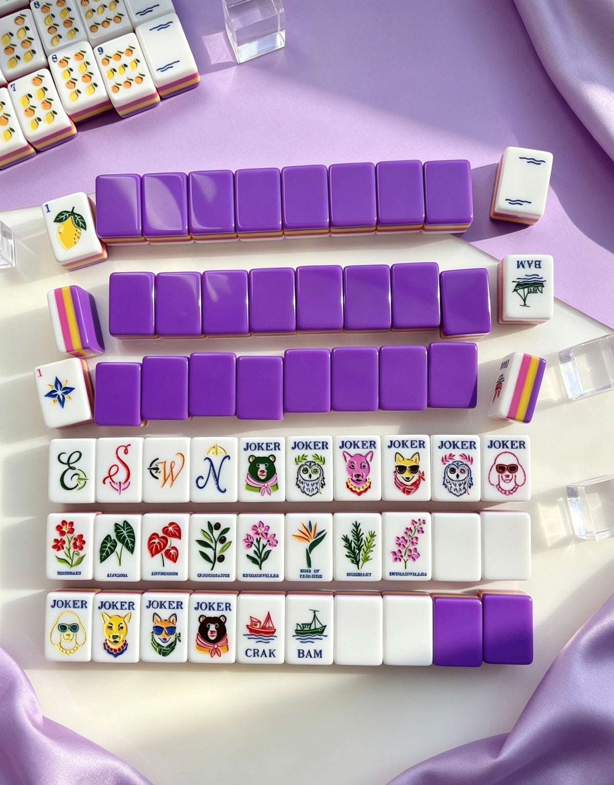 Violet Lemon acrylic American mahjong lifestyle with purple silk — citrus faces and layered acrylic edges, Mahjong Loft