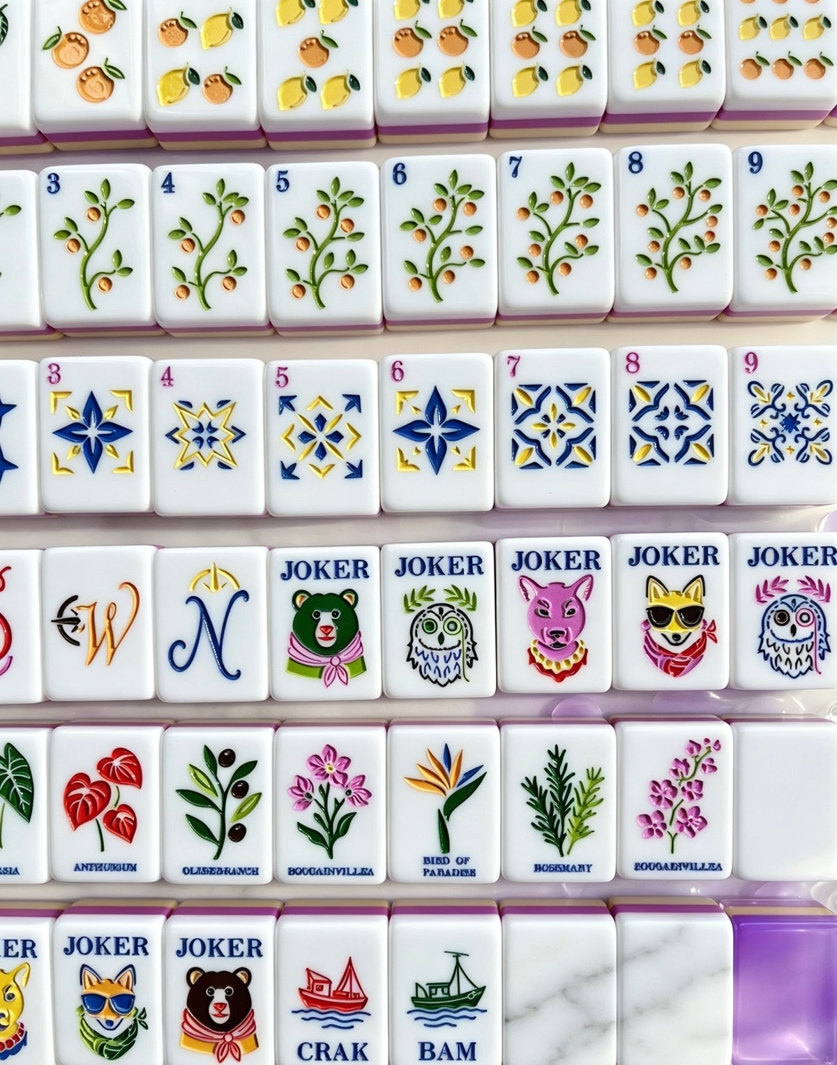 Violet Lemon acrylic American mahjong scattered faces with purple backs — yellow magenta purple layer proof, Mahjong Loft