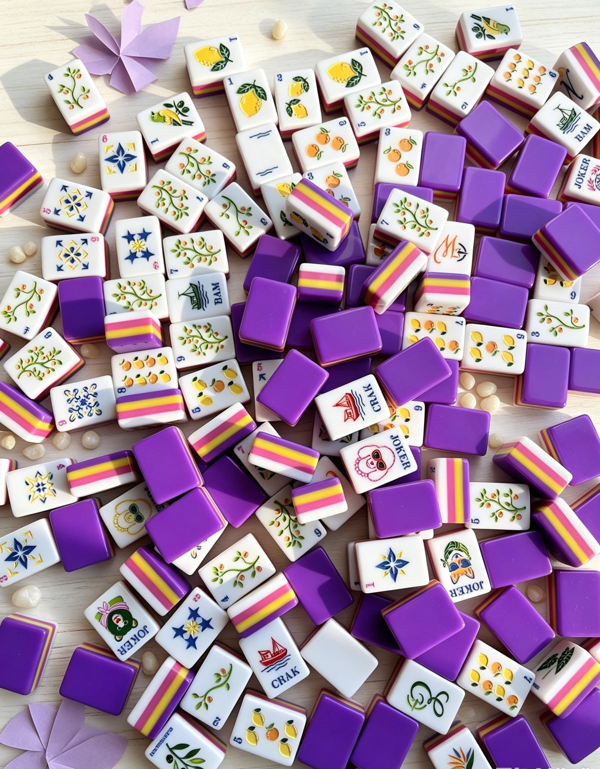 Violet Lemon acrylic American mahjong styled alternate arrangement — botanical flowers and purple acrylic, Mahjong Loft