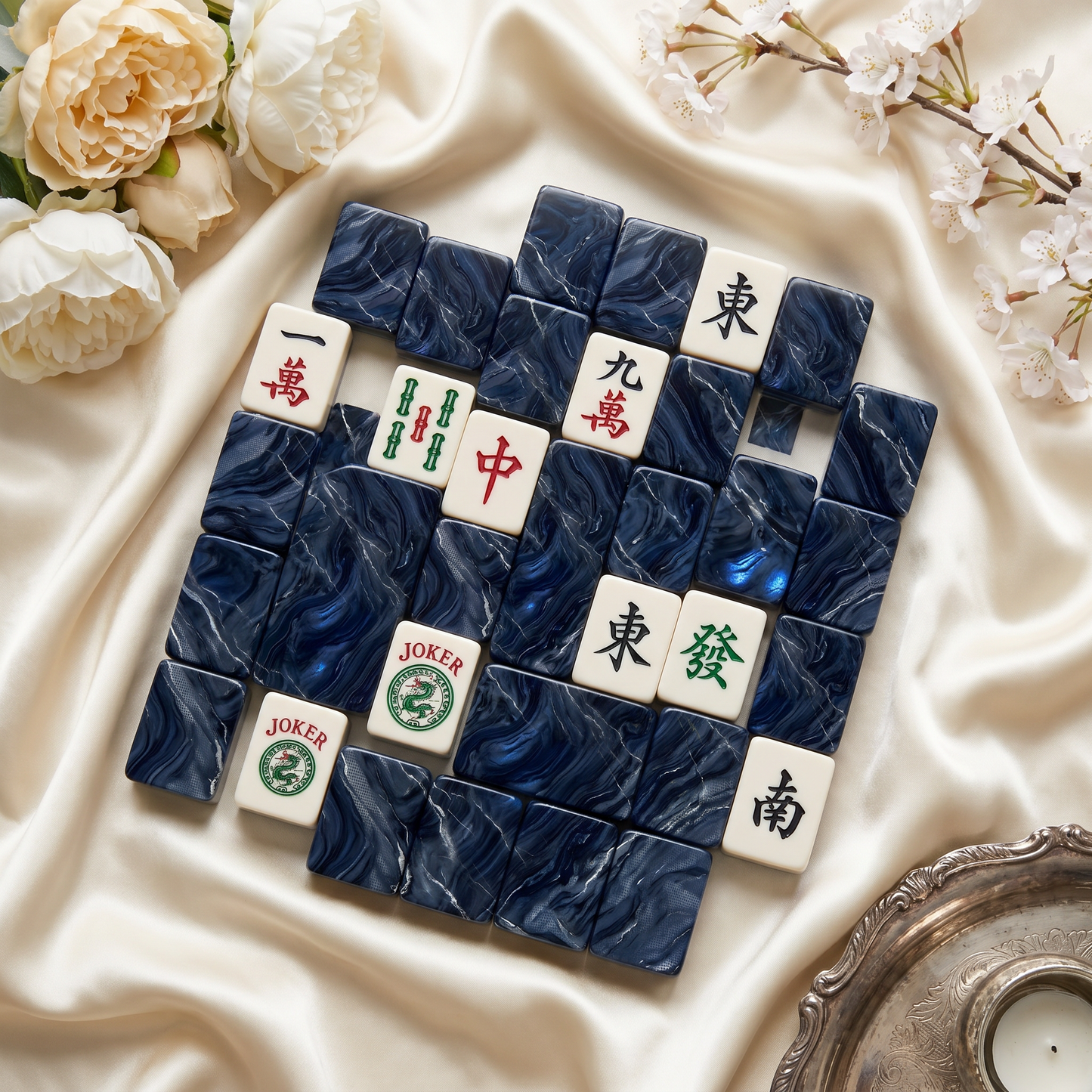 Midnight Sapphire Mahjong Tile Set | 166 Piece Navy Marble September Birthstone Gift