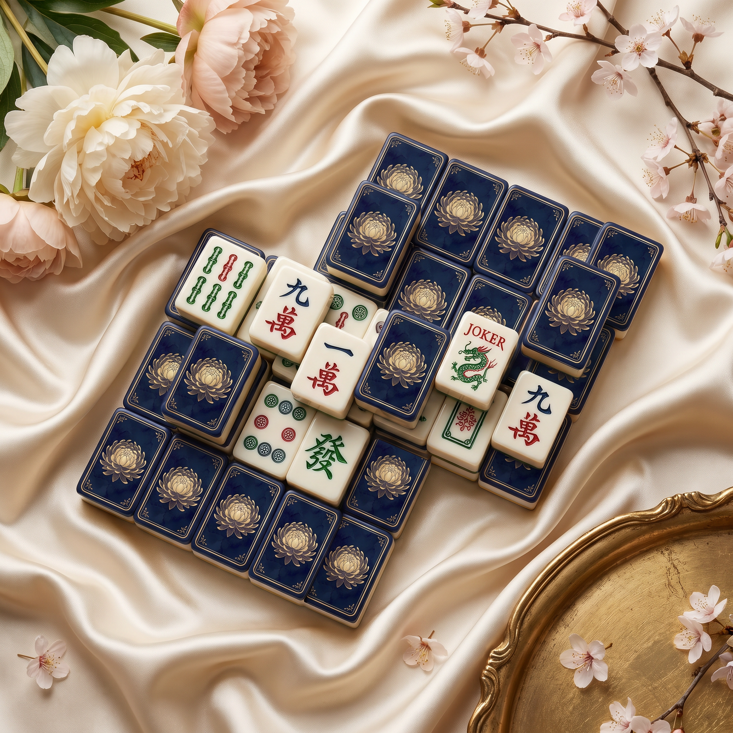 Gold Chrysanthemum American Mahjong Tile Set – 166 Tiles, Navy & Gold, with Display Case